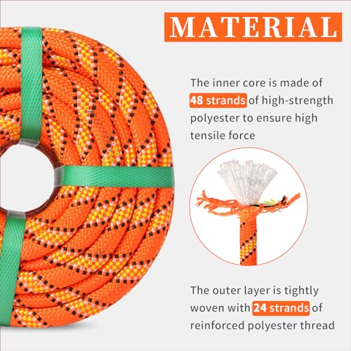 Arborist Rope Climbing Rope Swing for Tree(1/2in x 100ft) Logging Rope 48 Strands for Pull, Swing, Knot (Orange)