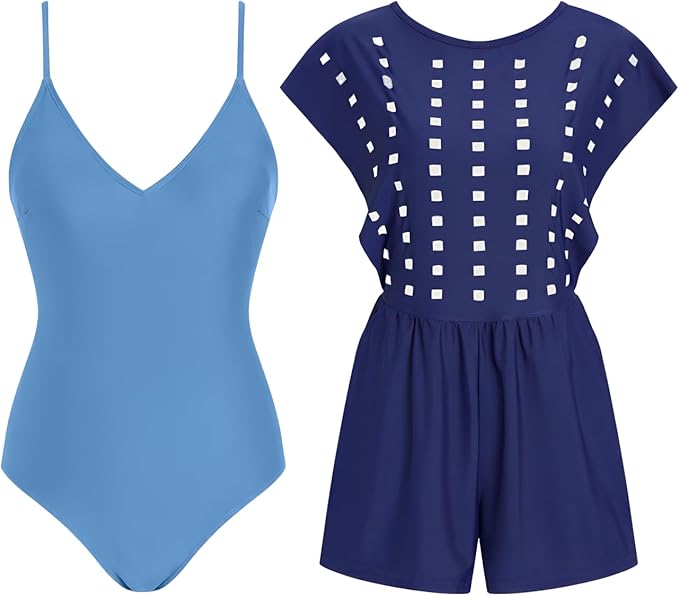 RIHOAS Womens Two-Piece Swimwear Cover Up with One Piece Bikini Built in Bra with Short Full Coverage Ruffle Swimsuit