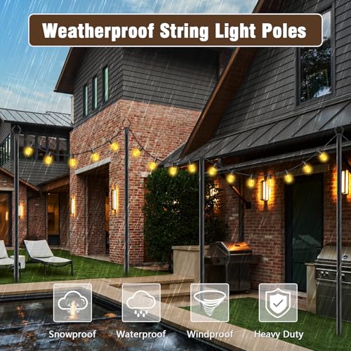 10Ft String Light Poles 4 Pack,Light Poles for Outside Lights,Outdoor with Fence Brackets Hanging Lights,Metal Stand Deck ...