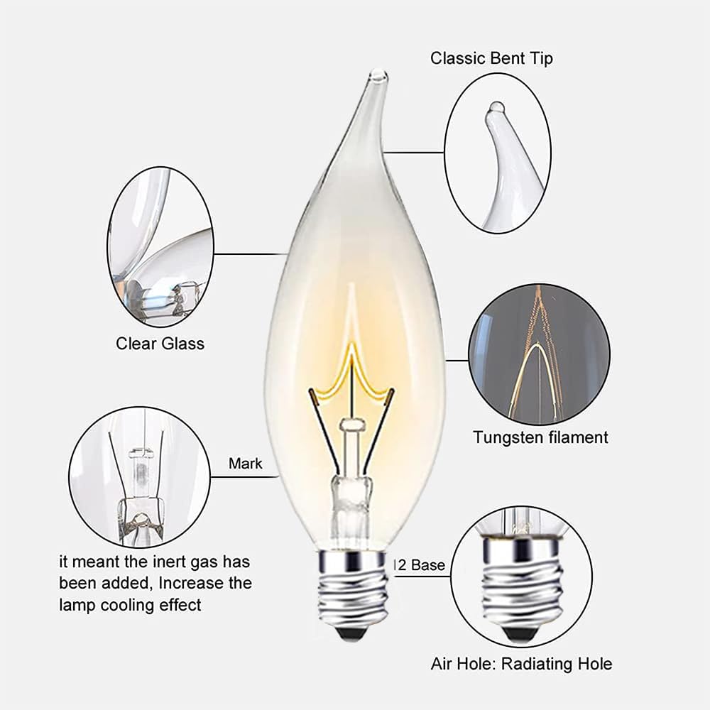 Sei  12Pc Candelabra Light Bulbs, 60W Clear E12 B10, Warm White 2700K, Dimmable, 600 Lumen, Glass