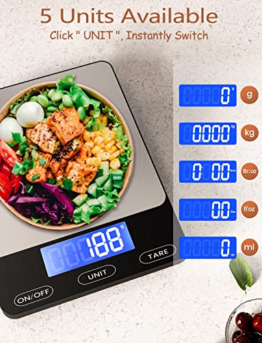 Food Scale -33lb Digital Kitchen Scale for Food Ounces Grams Rechargeable 304 Stainless Steel,Batteries and Type-C Chargin...