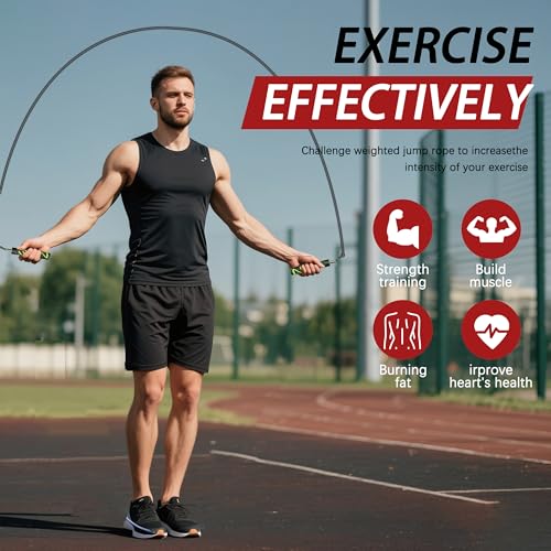 Mogold Weighted Jump Rope for Men Women -Interchangeable 1/5lb 1/4lb 1/2lb Heavy jump ropes - 360 Degree Spin - Length Adj...
