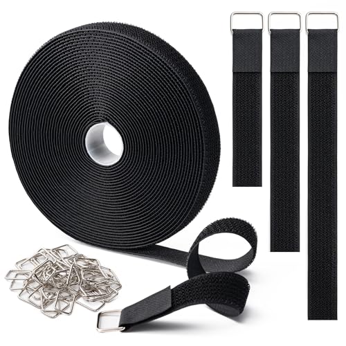 1" x16Ft Hook and Loop Straps with 25 Metal Buckles, Adjustable Fastening Cable Straps, Free Cut Length, Reusable Nylon Ca...