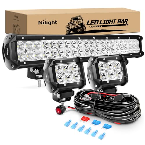 Nilight - ZH002 20Inch 126W Spot Flood Combo Off Road Led Light Bar 2PCS 18w 4Inch LED Pods With 16AWG Wiring Harness Kit-...