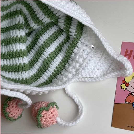 Y2K Crochet Hat for Women Kawaii Cute Knit Hat Vintage Beanie Cat Ear Grunge Fairy Slouchy Headgear Accessories (Green)