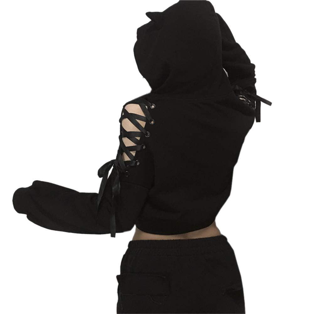 YANOOLH Women Cat Ear Hoodies Long Sleeve Off Shoulder Cute Crop Top Pullover Hoodie Sweatshirt Black M