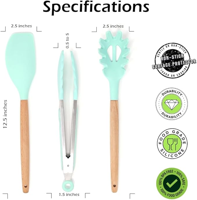 3-Piece Silicone Kitchen Utensil Set - 10" Stainless Steel Tongs, 12.5" Silicone Spatula & Spaghetti Spoon, Heat-Resistant to 500°F, Wood Handles, Non-Scratch, Hanging Loop (Green)