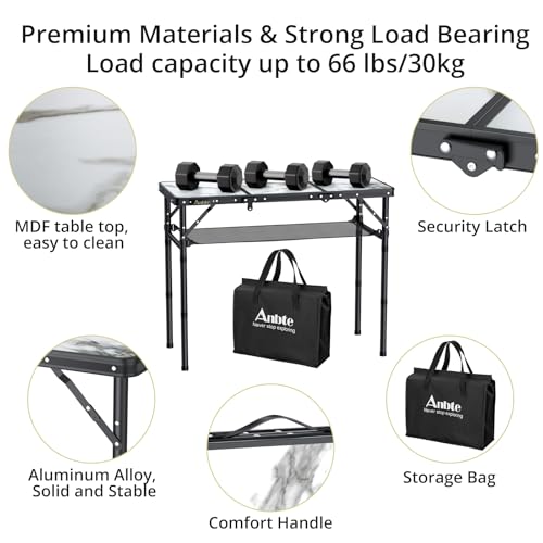 Anbte Folding Camping Table, Aluminum Small Folding Table 3 Adjustable Height Max 27.5", Portable Table with Carry Handle,...