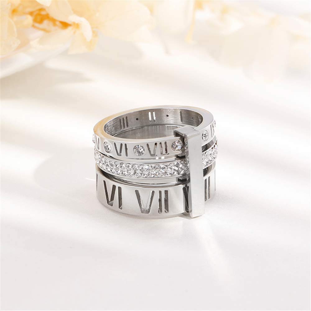 Jarlinwel Stainless Steel CZ Zirconia Roman Numeral Ring For Women Stacking Thumb 3 in 1 Spinner Rings (Silver, 11 Runs small)