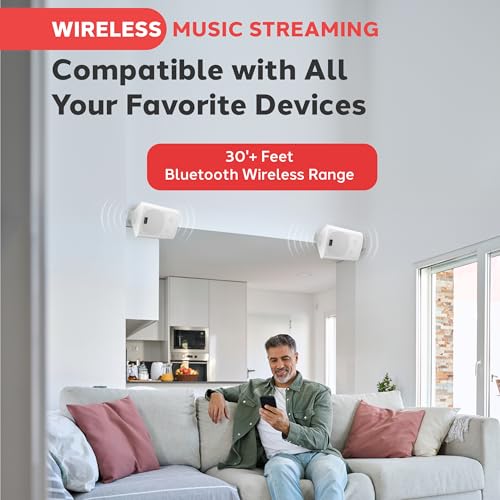 Pyle Wall Mount Bluetooth Home Speaker System - Active + Passive Pair, Wireless, Water-resistant, Stereo Sound, AUX IN (Wh...