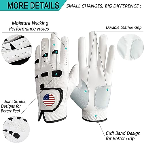 Amy Sport Golf Gloves Men Left Hand Right Handed Golfer 3 Pack with Ball Marker Soft Leather Weathersof Grip Mens Glove Si...