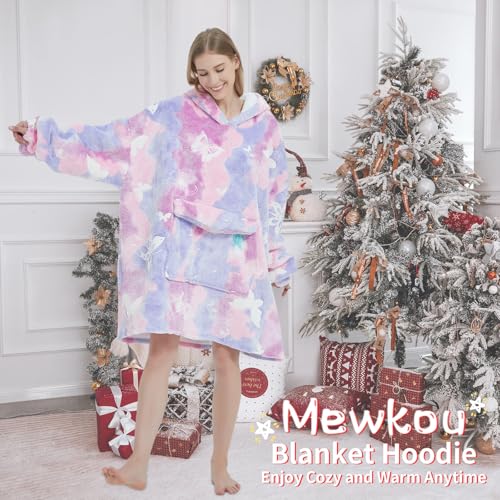 Glow in The Dark Butterfly Wearable Blanket Hoodie for Adult,Oversized Sherpa Fleece Blanket Hoodie for Women,Butterfly