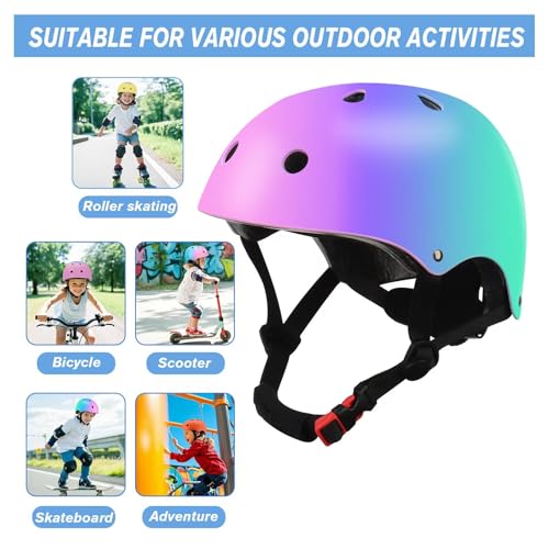 Color Gradient Adjustable Kids Bike Helmet with Knee & Elbow Pads Set | Multi-Sport Safety Gear for Boys & Girls Ages 5-14...