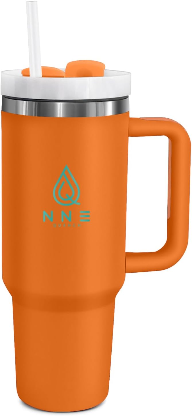 40oz stainless Steel Insulated Tumbler with Handle, lid and straw for cold water, Iced tea, or coffee - 100% Leak-Proof - Cupholder Friendly Travel Mug- Gifts for Women Men Him Her (Orange)