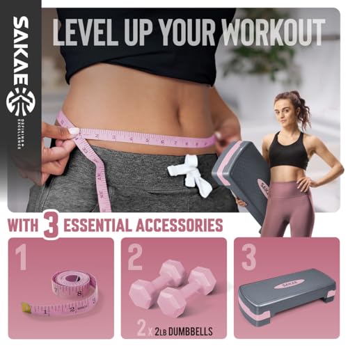 Aerobic Stepper Set with Dumbbells & Measuring Tape, Adjustable Height 2 Level Risers Workout Exercise Step Platform, 4 Co...