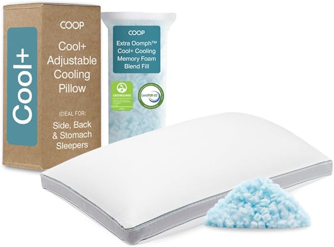 Coop Home Goods Cool+ Adjustable Pillow, King Size Plus Shaped Memory Foam Pillows with Cooling Gel, Back, Neck Support, S...