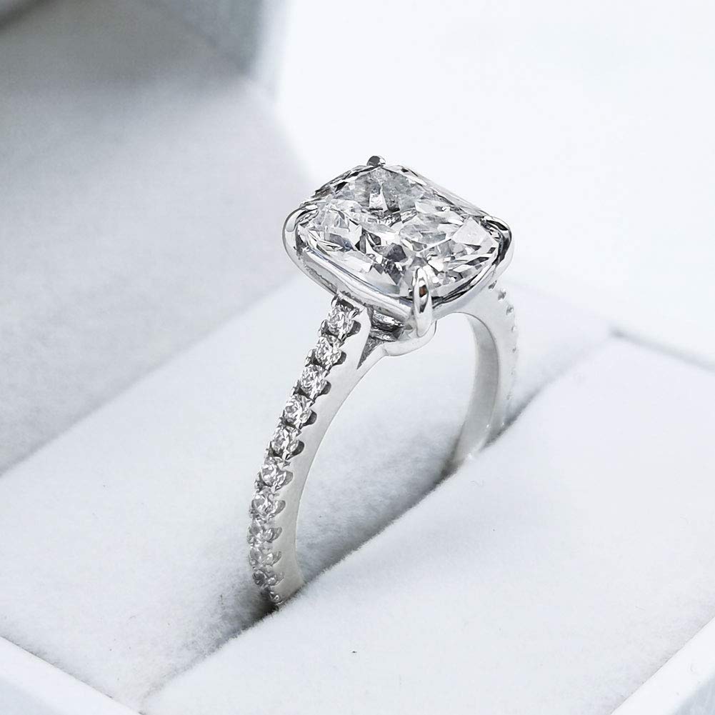 Bo.Dream Cushion Cut 3ct Cubic Zirconia CZ Engagement Rings Platinum Plated Sterling Silver (5.5)