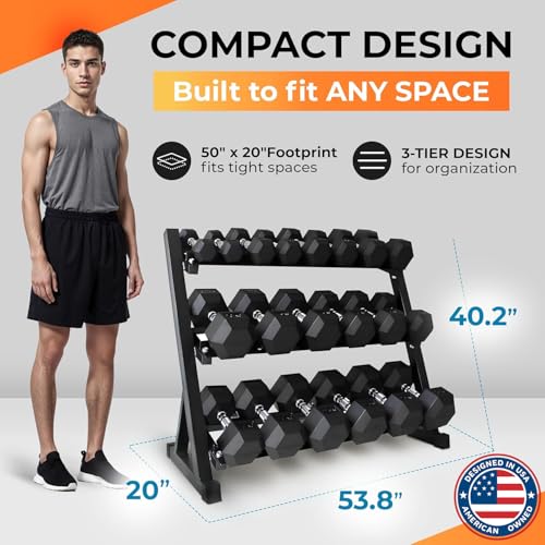 StrengthUSA Rubber Hex Dumbbell Set with Rack, 8/10/12/15/20 Pair (450/550/780/1200/1550/2100 lbs total) Weight Rack with ...