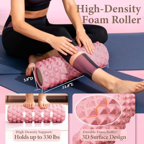 LZCDUDU Pink Pilates Ring Kit with 14.5 inch Magic Circle & Foam Roller, Ergonomic Home Workout Equipment Set, Full Pilate...