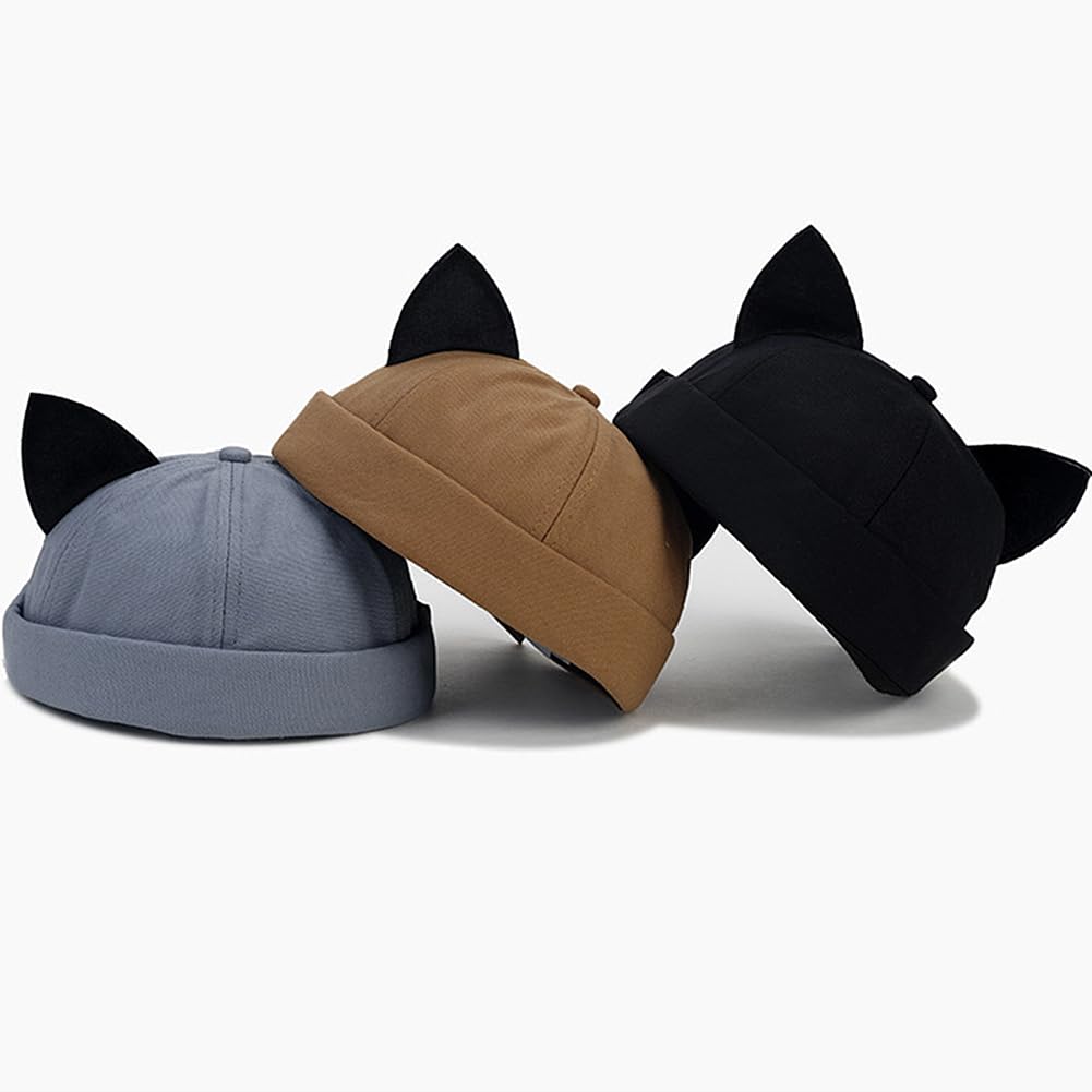Malaxlx Khaki Cat Ear Docker Cap – Brimless Cotton Sailor Beanie Skull Cap for Women Men