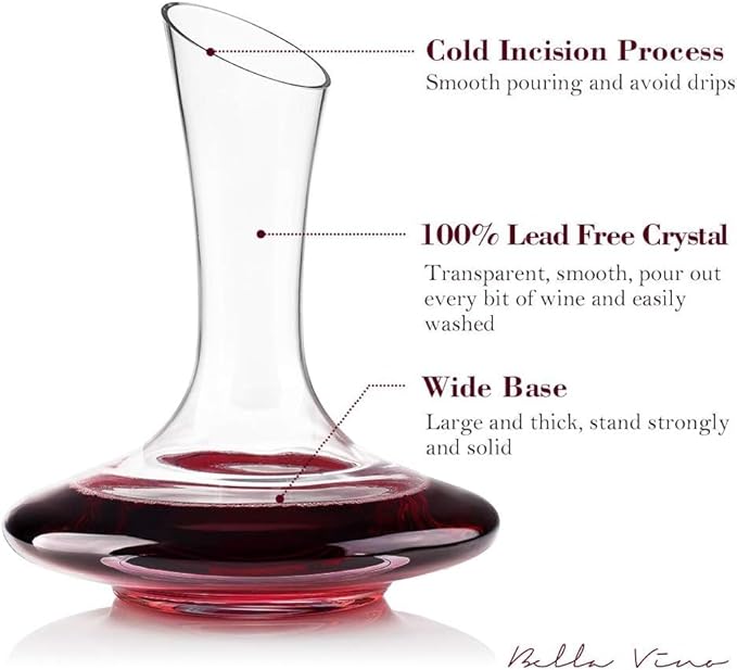 Large Elegant Red Wine Decanter Aerator Pourer - 100% Hand Blown Lead-Free Clear Crystal Glass - Wine Carafe Bottle, Wine Lovers Accessory Gift - 1600ml.