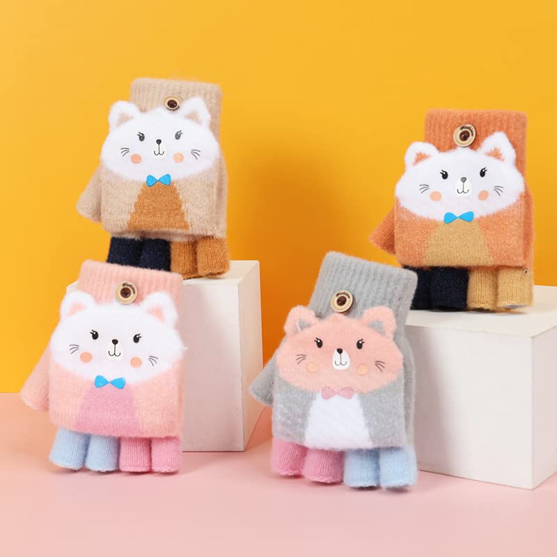 Cartoon Convertible Flip Top Gloves Toddler Kids Winter Wool Knit Fingerless Gloves with Mitten Cover for Girls Boys 2-15 Yrs (Pink Cat Kitten, For Girls boys 4-12 Years)