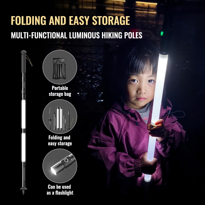 CoIerina Aluminum Alloy Illuminated Hiking Stick, Multi-Functional Folding