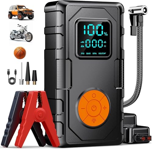Jump Starter with Air Compressor, Car Battery Jump Starter (8.0 Gas/7.0L Diesel), Battery Jumper Starter Portable Jump Bo...