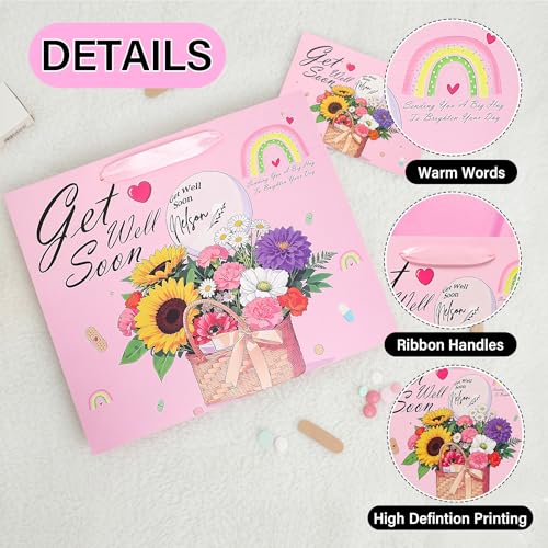 NIUBEHOHO Get Well Soon Gift Bag - Large Pink Flowers Gift Bag for Women Men with Wrapping Tissue Paper Self Care Card Aft...