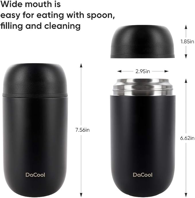 DaCool Adults Food Thermo for Hot Food 24 oz Insulated Food Jar Insulated Lunch Container Vacuum Stainless Steel Soup Thermo for Women Man Leakproof for Office Picnic Travel Outdoors, Black