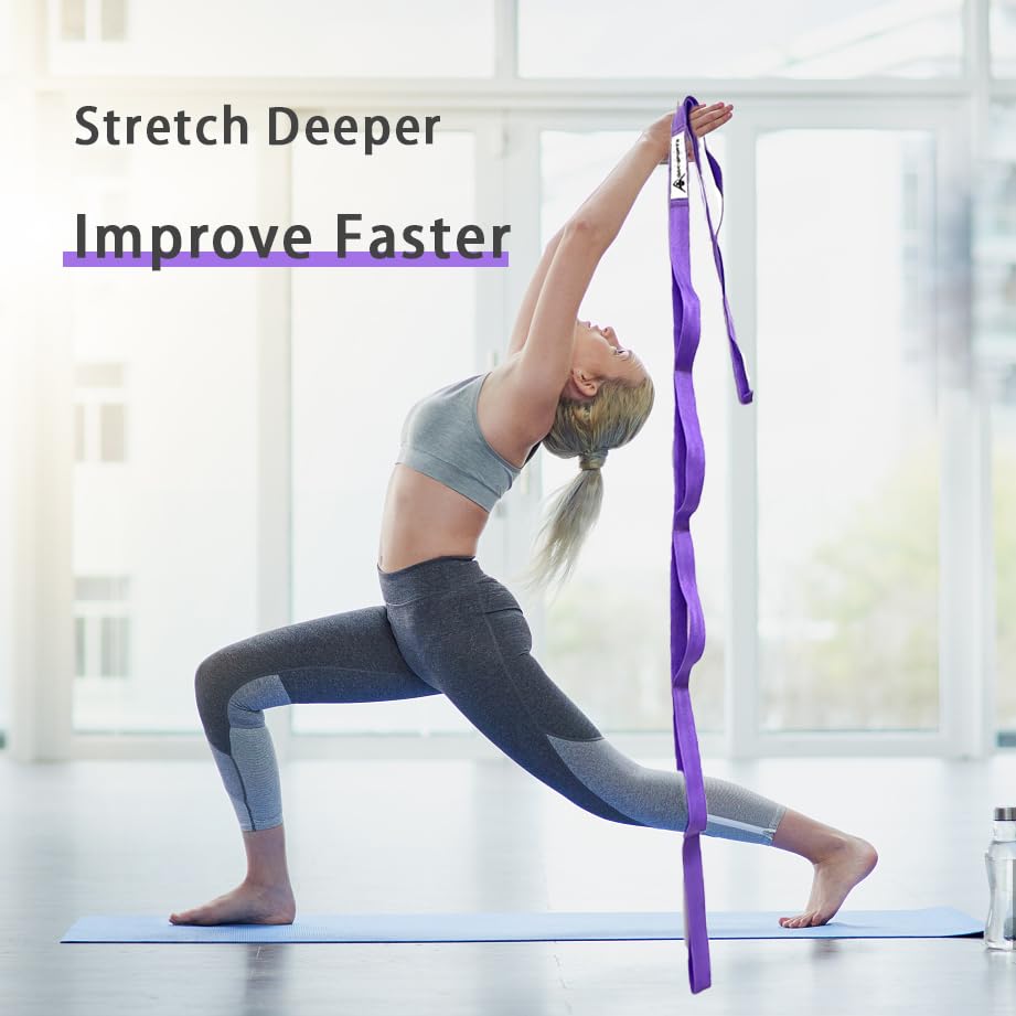 Stretching Strap Yoga Strap with Loops, Stretch Straps for Physical Therapy, Non-Elastic Exercise Strap for Pilates, Dance and Gymnastics with Workout Guide (Purple+Black)