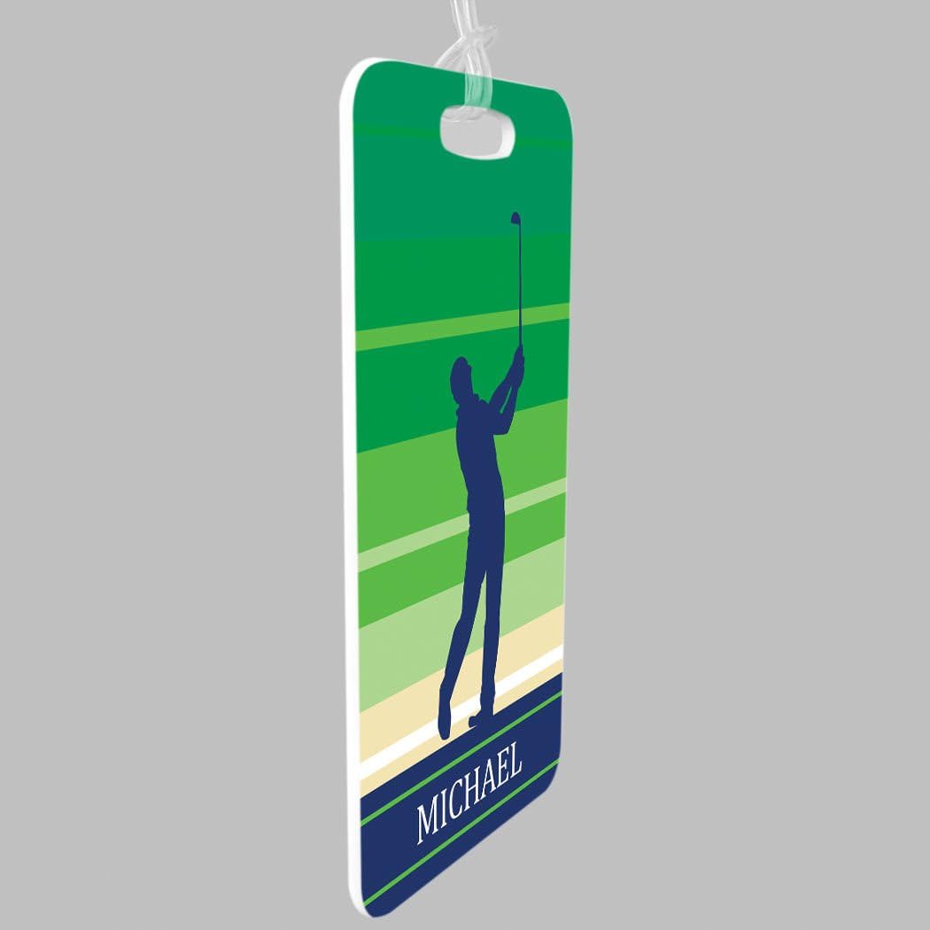 ChalkTalkSPORTS Golf Luggage & Bag Tag | Personalized Male Golfer | Standard Lines on Back | Small | Green