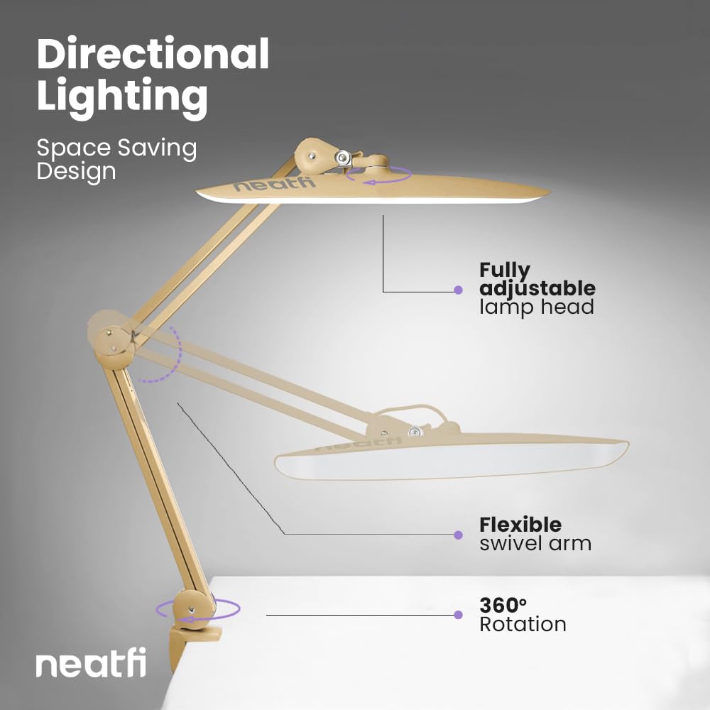 Neatfi Xl 2 200 Lumens Led Task Lamp  24W  117 Pcs Smd Led  Dimmable  4 Level Brightness  3 Light Modes  Desk Light For Home  Office  Workbench (Cct  Gold)