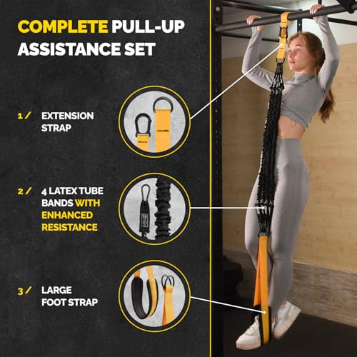 Pull Up Assistance Bands Set - 4 Heavy-Duty Pull Up Bands, Height Adjustable Strap & Comfortable Foot Strap - Stackable Pu...