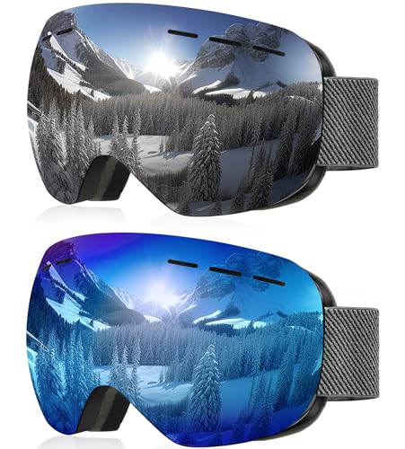 NSSIW Ski Goggles for Men Women Youth, OTG Snowboard Goggles Snow Goggles with Anti Fog and UV Protection Over Glasses 2 Pack