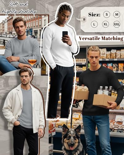 Ficerd 3 Pack Men's Waffle Long Sleeve Shirts, Crew Neck Thermal Underwear Tops Casual Pullover Sweaters Knit Undershirts