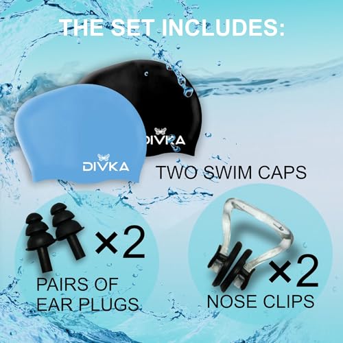 DIVKA 2 Pack Silicone Swim Caps for Women and Men – Waterproof Long Hair Swimming Caps for Adults – Stretchy Comfortable D...