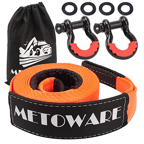 METOWARE Heavy Duty Tow Strap Recovery Kit - 3" x 20ft(35,000lbs) Tree Saver Winch Strap + 3/4" D Ring Shackles(2pcs) + St...