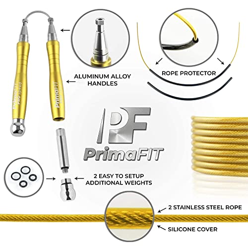 PrimaFIT Jump Rope Pro Speed Skipping Rope Adjustable Adult Jumping Rope Weighted Aluminium Handles for Double Dutch Boxin...