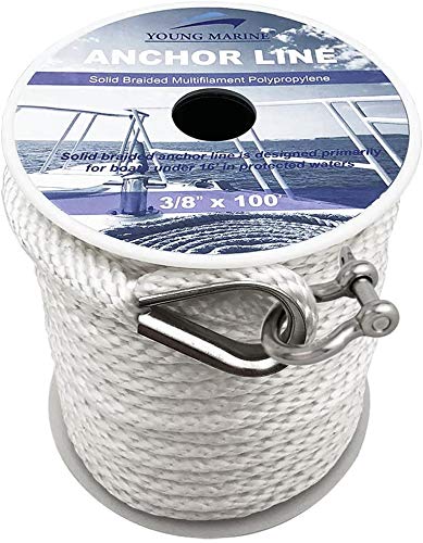 Young Marine Premium Solid Braid MFP Anchor Line Braided Anchor Rope/Line 3/8 Inch 100FT with Stainless Steel Thimble & Sh...