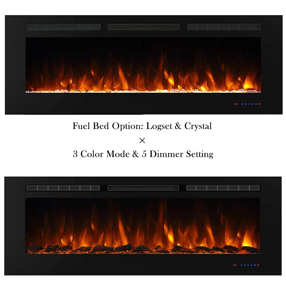 Masarflame 60 Recessed Electric Fireplace Insert, 5 Flame Settings, Log Set Or Crystal Options, Temperature Control By Touch Pan