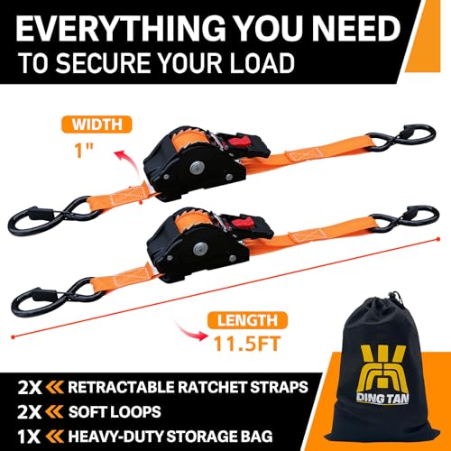 Retractable Ratchet Straps (2-Pack) - 1'' x 11.5' (1,800lb Break Strength) - Heavy Duty Auto Self Retracting Tie Down Stra...