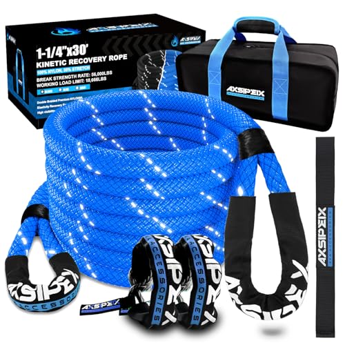 AXSIPEIX Kinetic Recovery Rope Kit (Reflective), 1.25in x 30ft 56,000Lbs, 35% High Elasticity, w/ 2 Soft Shackles, 18,666L...