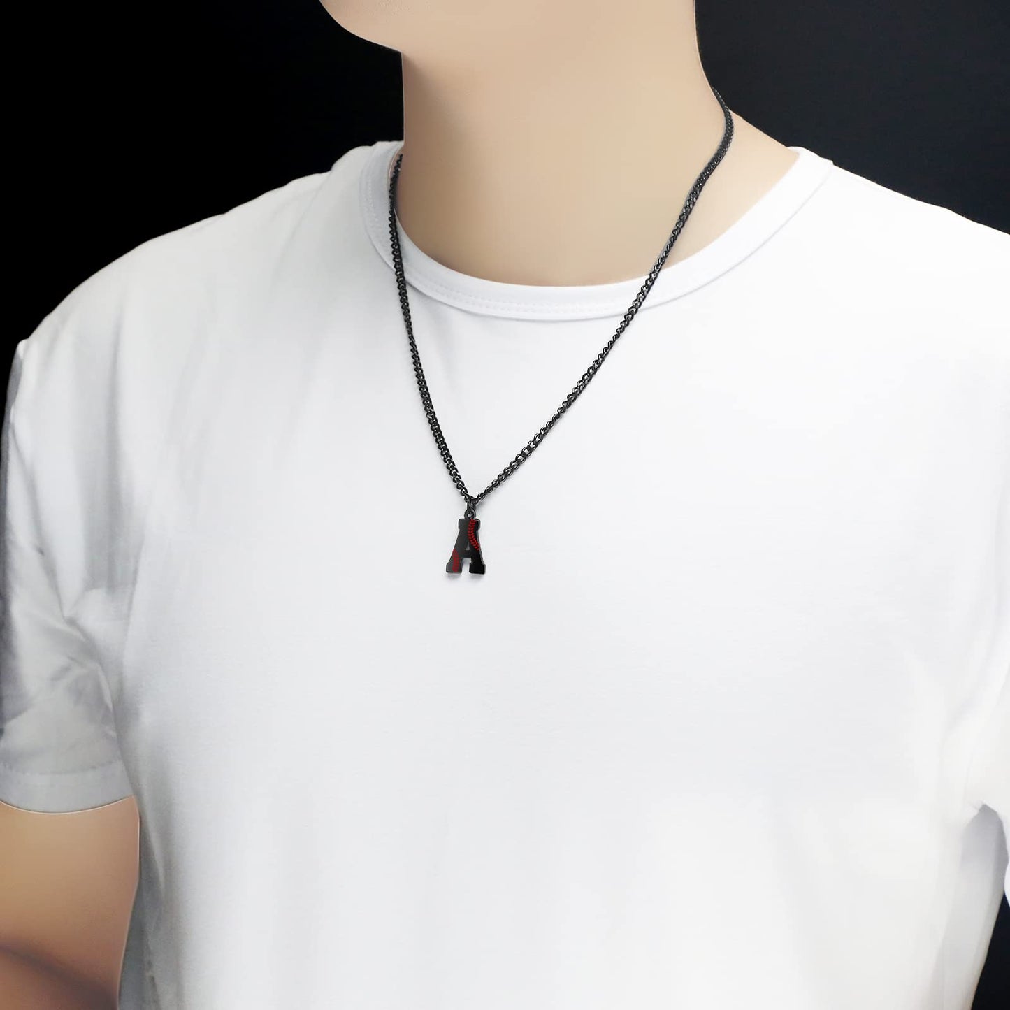 AIAINAGI Baseball Initial A-Z Letter Necklace for Men - Baseball Charm Pendant, Stainless Steel Black Chain, 22inch Personalized