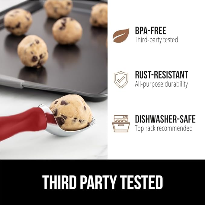 GORILLA GRIP BPA-Free Heavy Duty Ice Cream Scoop, Comfortable Ergonomic Handle, Professional Grade Scooper for Perfect Round Scoops, Spoon Frozen Hard Gelato, Sorbet, Cookie Dough, Kitchen Tool, Red