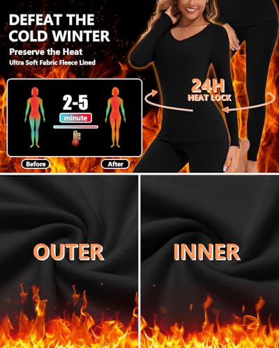 WOWENY Long Johns Thermal Underwear for Women Fleece Lined Base Layer 2 Pieces Pajama Set Cold Weather Lace V Neck Top Bottom