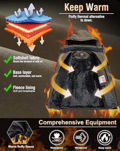 HotPoem Winter Jackets Coats For Men Ski Snow Waterproof Fleece Liner Windproof Raincoat 6 Pockets