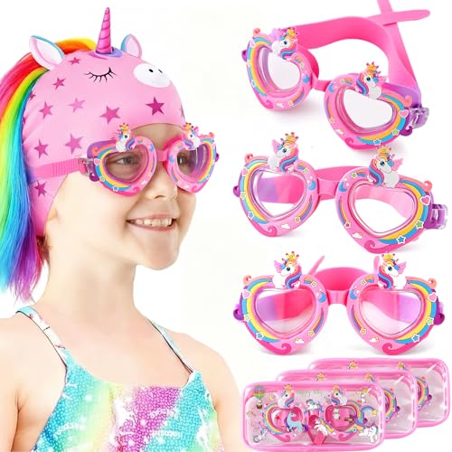 Kingdder 3 Set Unicorn Swim Goggles for Girls Aged 4-12 Swim Goggles with Stickers and Pink Cases, Anti-fog, UV Protectio...