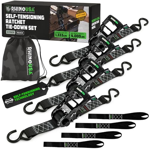 Rhino USA Self Tensioning Ratchet Tie Down Straps (4PK 1.6INX15FT)- Heavy Duty Patented Cargo Strap Keeps Tension When You...