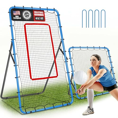 JOLORLY 2-in-1 Volleyball Rebounder Net System, Adjustable from 7x4 ft to 4x4.5 ft, 4-Angle Bounce Back Net, Training Equi...